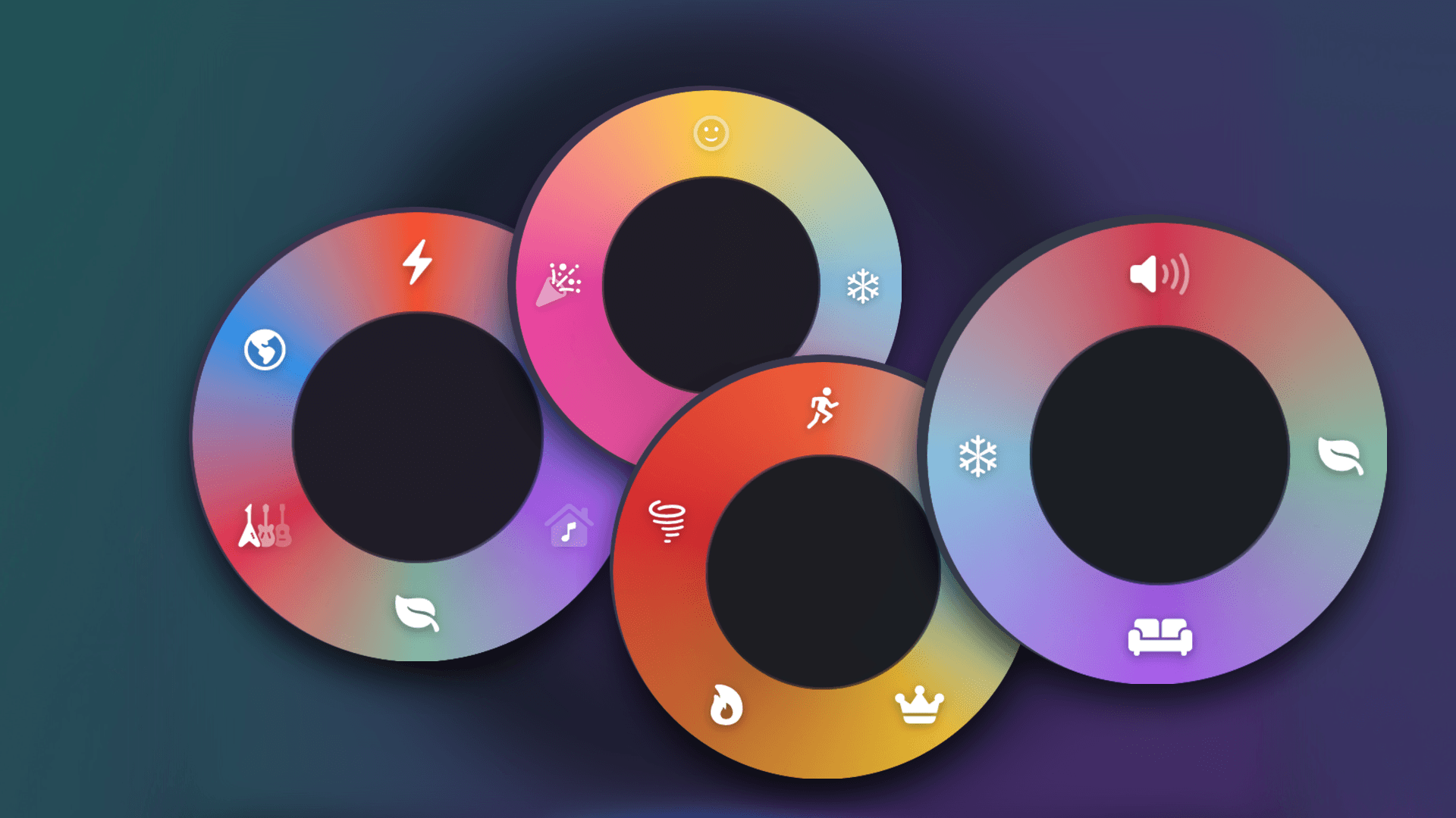 Four colorful Mood Dial rings floating on a dark gradient background